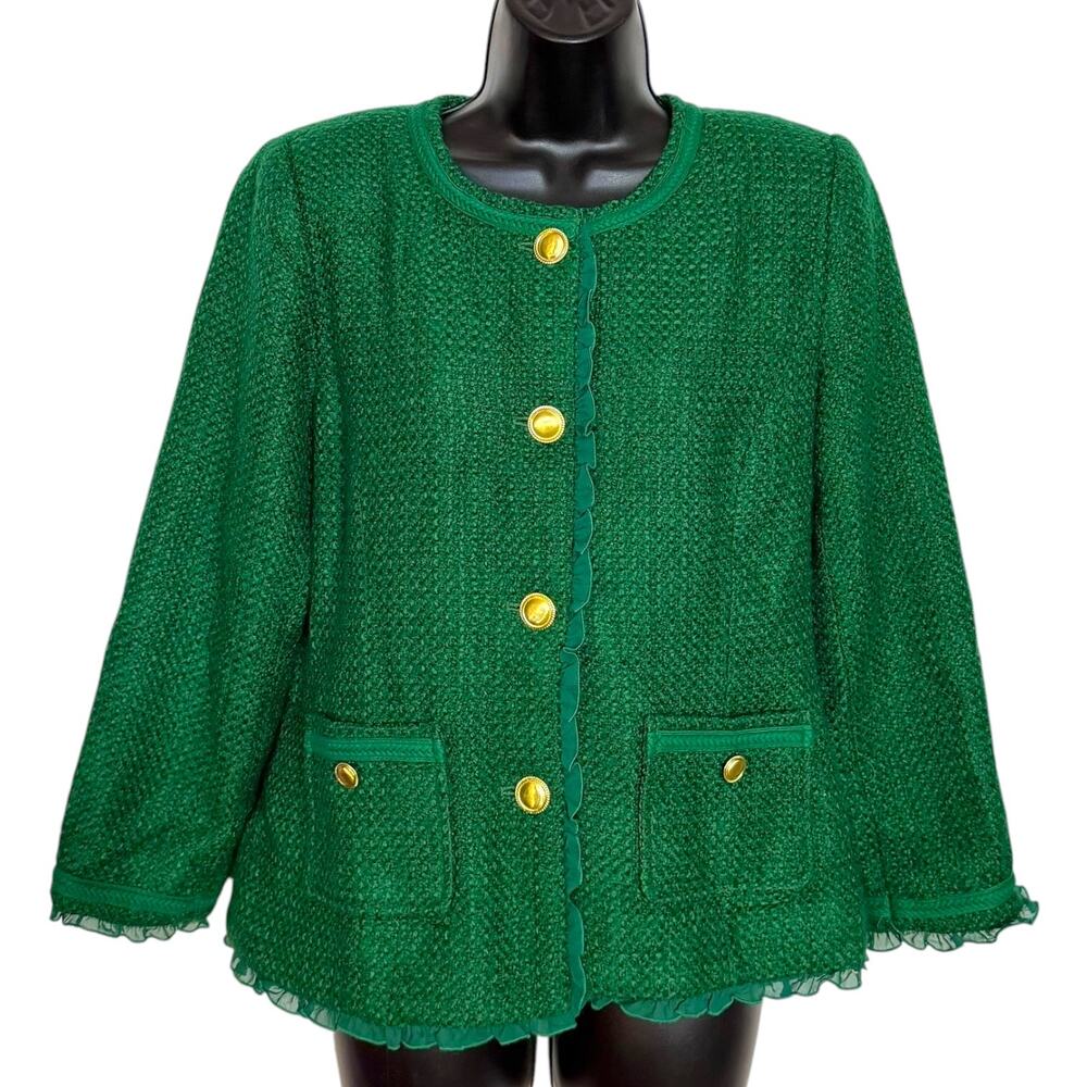 Joan Rivers Green Tweed Blazer Jacket Boucle Gold Button Ruffle Preppy Vintage 8